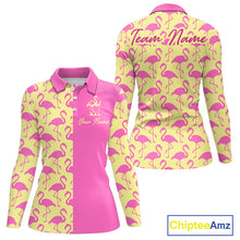 Load image into Gallery viewer, Front and back view of women’s long sleeve golf polo shirt with pink and yellow flamingos pattern and personalized name