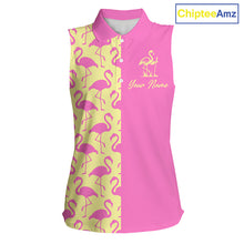 Load image into Gallery viewer, Front view of women’s sleeveless golf polo shirt with pink and yellow flamingos pattern