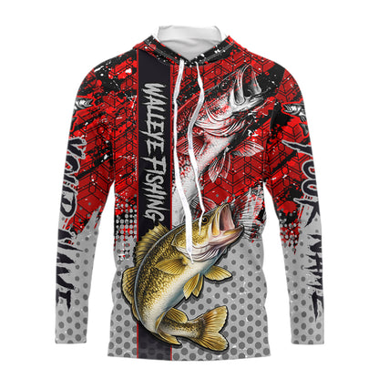 Red Camo Custom Walleye Fishing Shirts with Hood For Men, Walleye Fishing Team Shirts NBT441