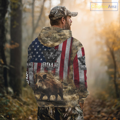 American Flag Wild Boar Camo Custom Name 3D Shirts, Boar Hunting Clothes for Hunters NBT132
