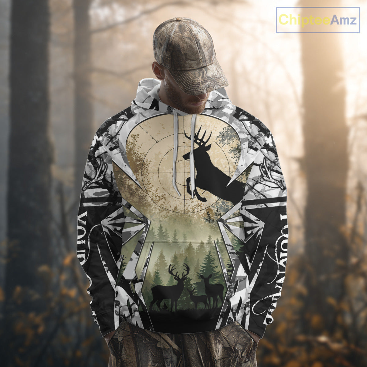 Grey Camo Deer Hunting Hoodie, Buck with Scope Silhouette, Whitetail Season NBT14