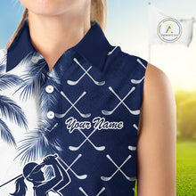 Load image into Gallery viewer, Blue Tropical Palm Trees Golf Club Pattern Womens Sleeveless Golf Polo Shirts Custom Team Golf Shirt NBT567