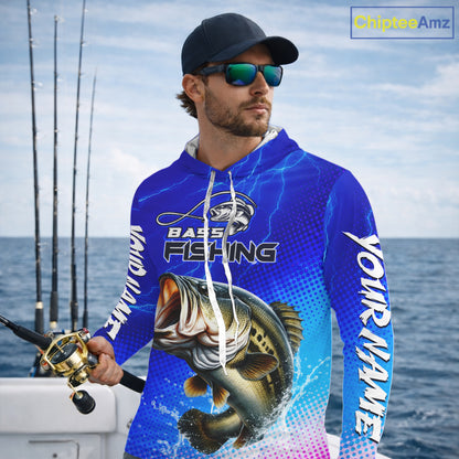Blue Camo Bass Long Sleeve Hooded Fishing Shirts Thunder Light, Custom Name Bass Fishing Shirts NBT455