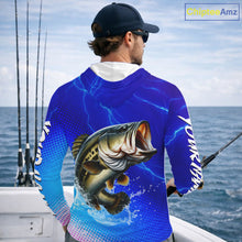 Load image into Gallery viewer, Blue Camo Bass Long Sleeve Hooded Fishing Shirts Thunder Light, Custom Name Bass Fishing Shirts NBT455