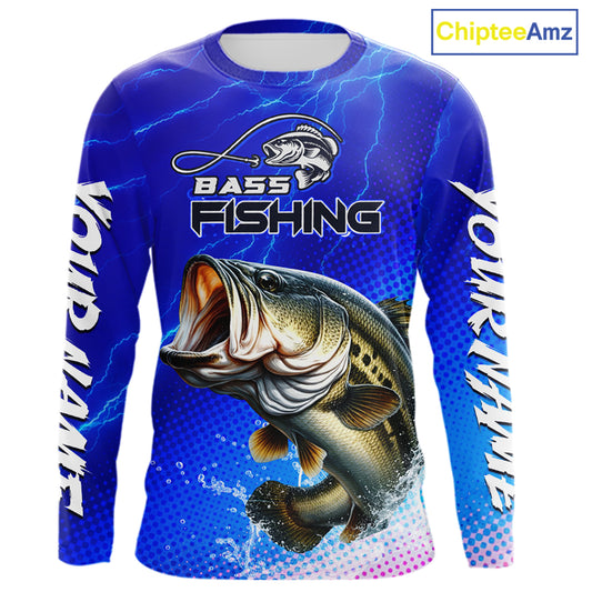 Blue Camo Bass Fishing Shirts Long Sleeve Thunder Light, Custom Name Bass Fishing Shirts NBT455