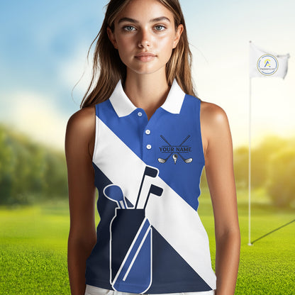 Blue Golf Bag Womens Sleeveless Golf Polo Shirts Custom Golf Shirts, Golf Attire For Ladies NBT579