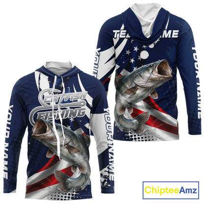 Catfish Fishing American Flag Custom Long Sleeve Hooded Tournament Fishing Shirts, Team Catfish Shirts NBT718