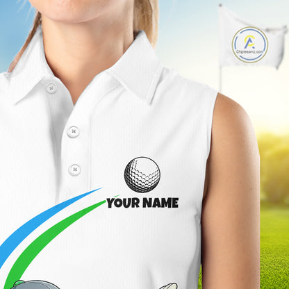 White Funny Golf Ball Custom Team Polo Shirt, Personalized Womens Sleeveless Golf Polo Shirt, Golf Lovers Gift NBT603
