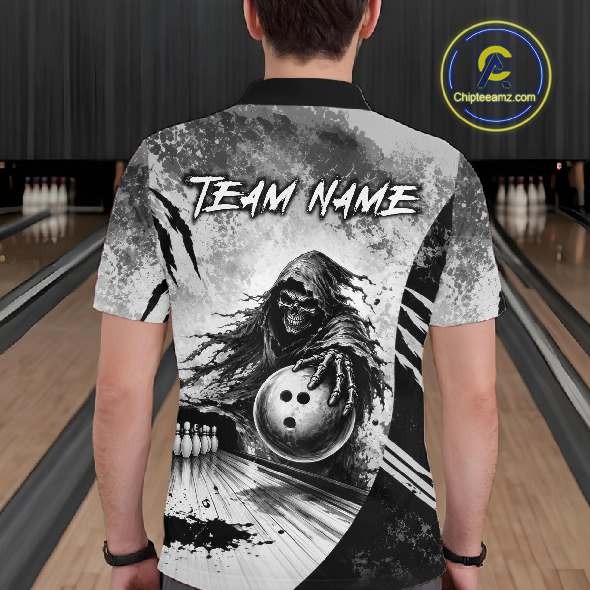 Bowler wearing custom gray camo skeleton Grim Reaper bowling shirt on the lanes - back view