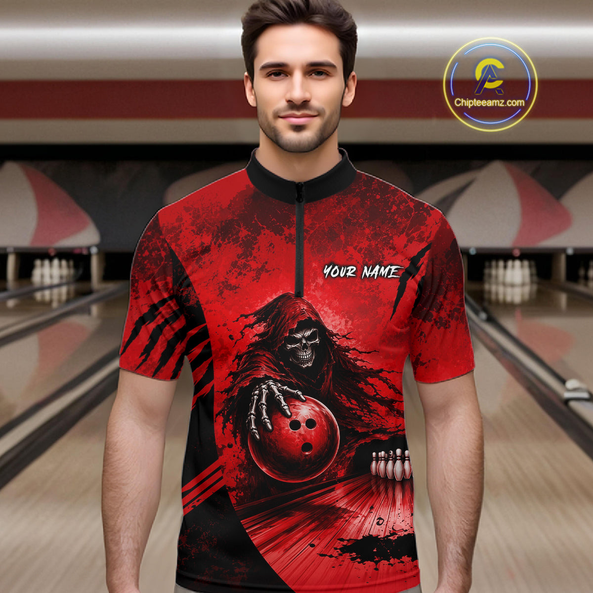 Bowler wearing custom red camo skeleton Grim Reaper bowling quarter zip shirt on the lanes