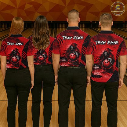 Bowling team wearing matching custom red camo skeleton Grim Reaper Halloween bowling jerseys with personalized names - back view
