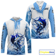 Load image into Gallery viewer, Front and back view of Sailfish long sleeve hooded fishing shirt custom sailfish fishing long sleeve UPF 30+ fishing shirt with sailfish graphic and custom name left sleeve