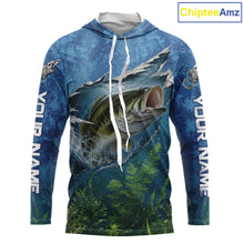 Load image into Gallery viewer, Front view of Personalized Bass Fishing Jersey custom camo long sleeve hooded bass fishing shirt, long sleeve UPF 30+ fishing shirt with bass graphic and custom name on sleeves