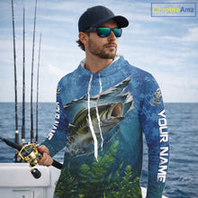 Load image into Gallery viewer, Angler wearing Personalized Bass Fishing Jersey custom camo long sleeve hooded bass fishing shirt, breathable UPF 30+ long sleeve hooded fishing shirt on the boat