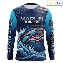 Load image into Gallery viewer, Front view American Flag Marlin Fishing Shirt personalized patriotic long sleeve UPF fishing shirt