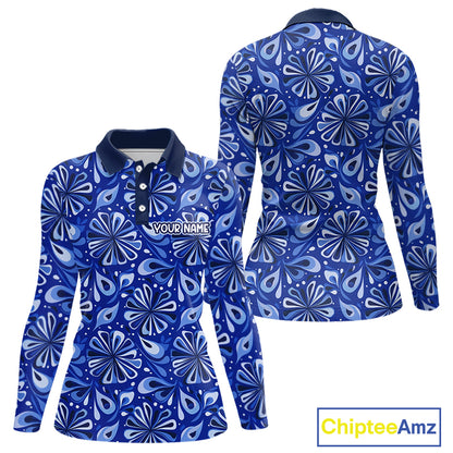 Womens Golf Polo Shirts Custom Name Blue Geometric Floral Pattern, Team Golf Shirt NBT512
