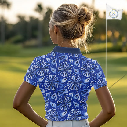 Womens Golf Polo Shirts Custom Name Blue Geometric Floral Pattern, Team Golf Shirt NBT512