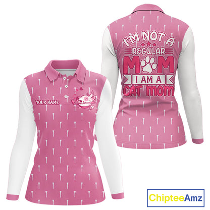 front and back view of long sleeve cat mom funny womens golf polo shirt for mother’s day gifts