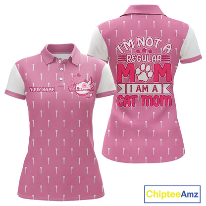back view of humorous cat mom womens golf polo shirt custom name golf gift
