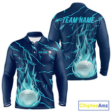Load image into Gallery viewer, Golf balls blue flame pattern mens long sleeve golf polo shirt - back view