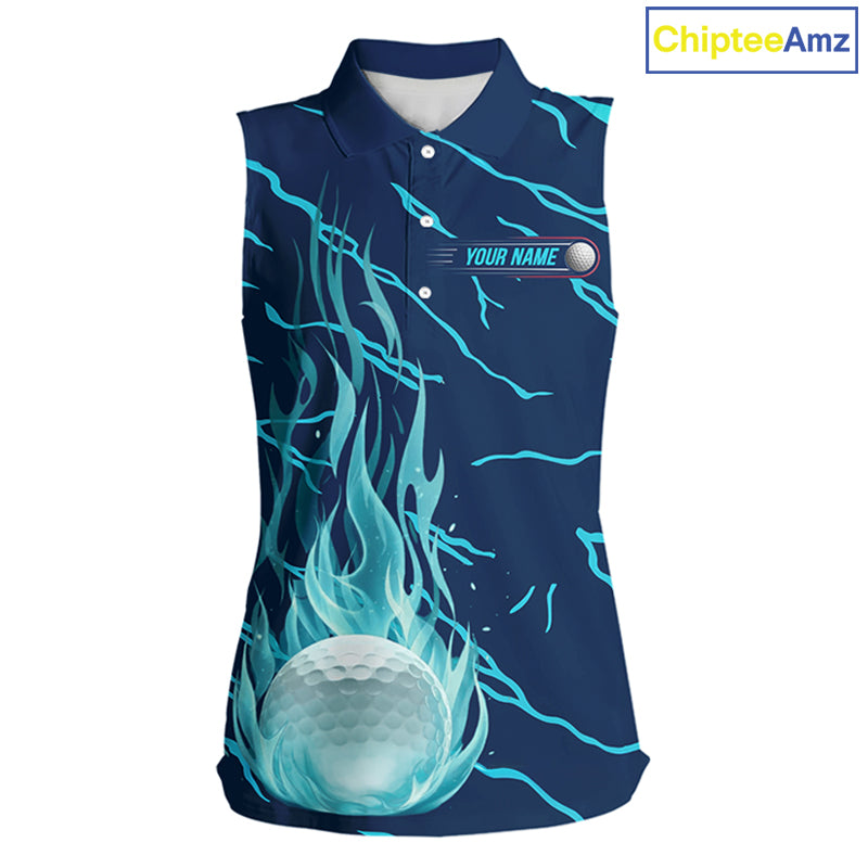 front view of green flame golf balls womens sleeveless golf polo shirt for ladies