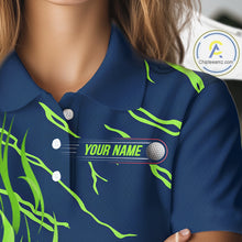 Load image into Gallery viewer, close up of green flame golf balls print on womens golf polo shirt