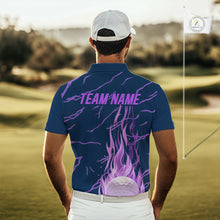 Load image into Gallery viewer, Purple flame golf balls pattern on mens golf polo shirt