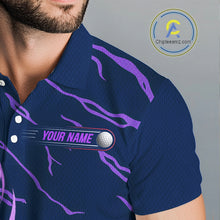 Load image into Gallery viewer, Close-up UPF polyester fabric golf balls purple flame custom golf shirt moisture-wicking