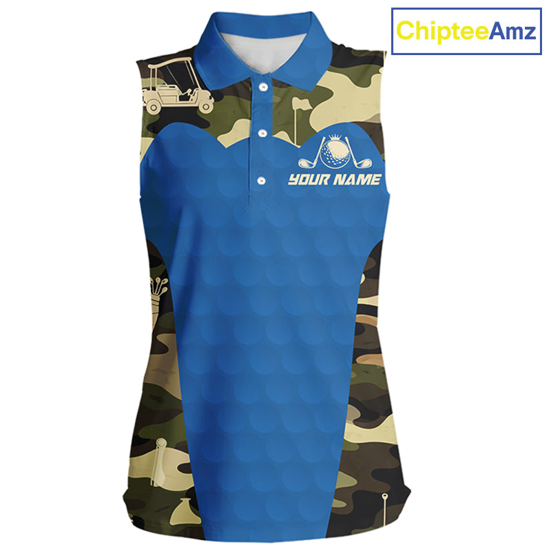 Blue Camo Womens Sleeveless Golf Polo Shirts Custom Golf Outfit For Ladies, Team Golf Shirts NBT632
