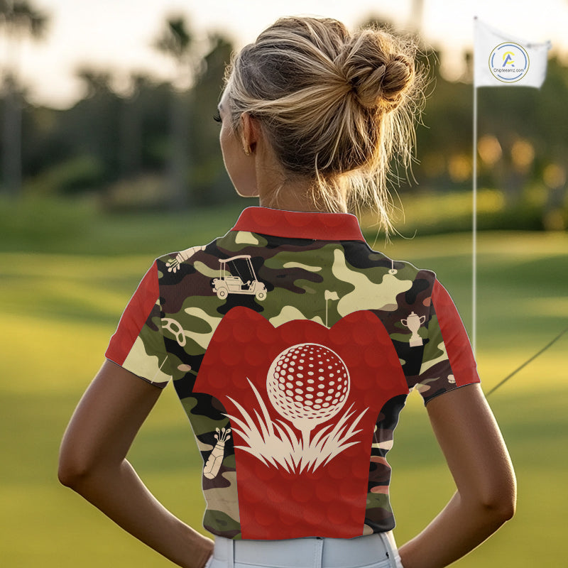 Red Camo Womens Golf Polo Shirts Custom Golf Outfit For Ladies, Team Golf Shirts NBT633