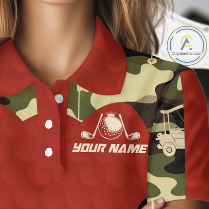 Red Camo Womens Golf Polo Shirts Custom Golf Outfit For Ladies, Team Golf Shirts NBT633