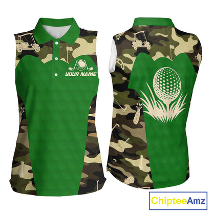 Green Camo Womens Sleeveless Golf Polo Shirts Custom Golf Outfit For Ladies, Team Golf Shirts NBT634