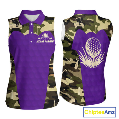 Purple Camo Womens Sleeveless Golf Polo Shirts Custom Golf Outfit For Ladies, Team Golf Shirts NBT635