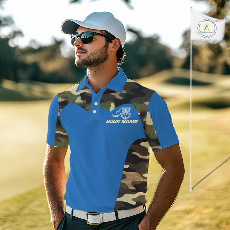 Mens Disc Golf Polo Shirt Custom Name Camo Disc Golf Basket, Personalized Disc Golf Shirts|Blue NBT640