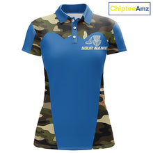 Load image into Gallery viewer, Womens Disc Golf Polo Shirt Custom Name Camo Disc Golf Basket, Personalized Disc Golf Shirts|Blue NBT640