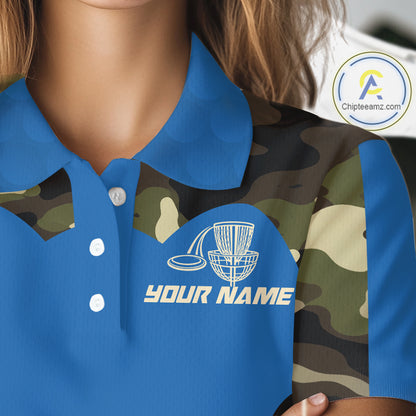 Womens Disc Golf Polo Shirt Custom Name Camo Disc Golf Basket, Personalized Disc Golf Shirts|Blue NBT640