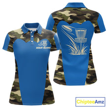 Load image into Gallery viewer, Womens Disc Golf Polo Shirt Custom Name Camo Disc Golf Basket, Personalized Disc Golf Shirts|Blue NBT640
