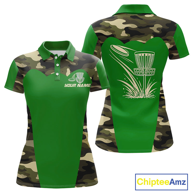 Womens Disc Golf Polo Shirt Custom Name Camo Disc Golf Basket, Personalized Disc Golf Shirts|Green NBT641