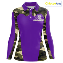Load image into Gallery viewer, Womens Disc Golf Polo Shirt Custom Name Camo Disc Golf Basket, Personalized Disc Golf Shirts|Purple NBT643