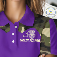 Load image into Gallery viewer, Womens Disc Golf Polo Shirt Custom Name Camo Disc Golf Basket, Personalized Disc Golf Shirts|Purple NBT643