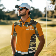 Load image into Gallery viewer, Mens Disc Golf Polo Shirt Custom Name Camo Disc Golf Basket, Personalized Disc Golf Shirts|Orange NBT644