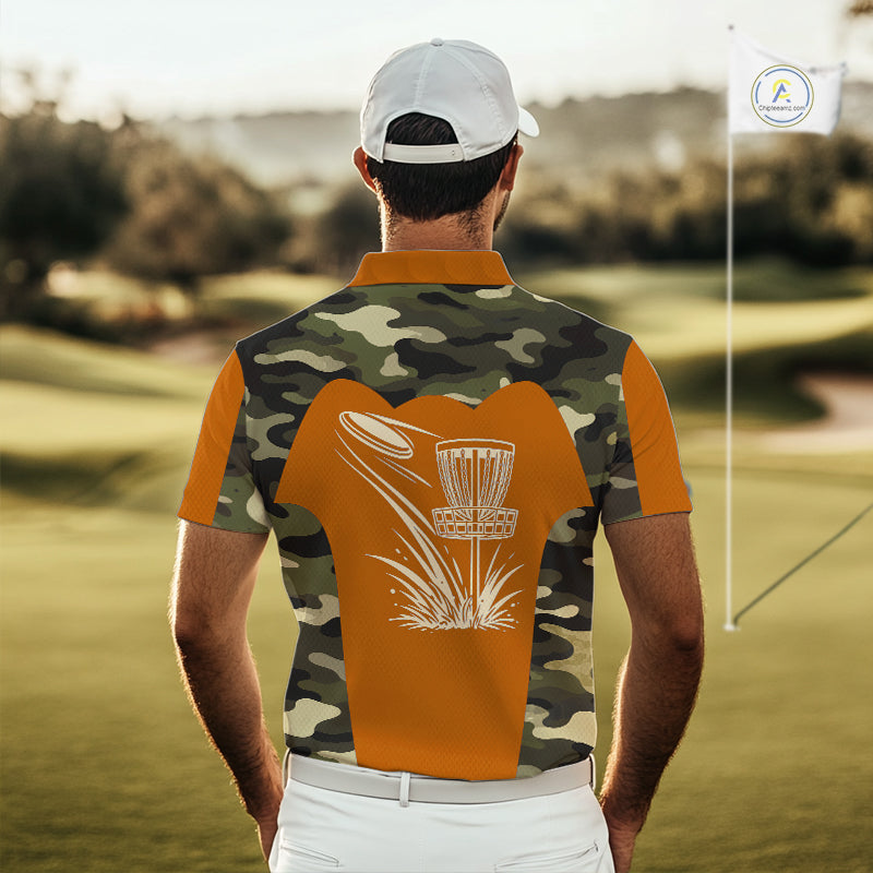 Mens Disc Golf Polo Shirt Custom Name Camo Disc Golf Basket, Personalized Disc Golf Shirts|Orange NBT644
