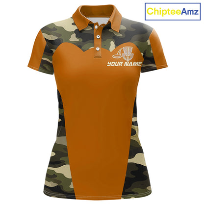 Womens Disc Golf Polo Shirt Custom Name Camo Disc Golf Basket, Personalized Disc Golf Shirts|Orange NBT644