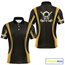 Load image into Gallery viewer, Front and back view Custom Skull mens golf polo shirt black gold design with custom name on chest
