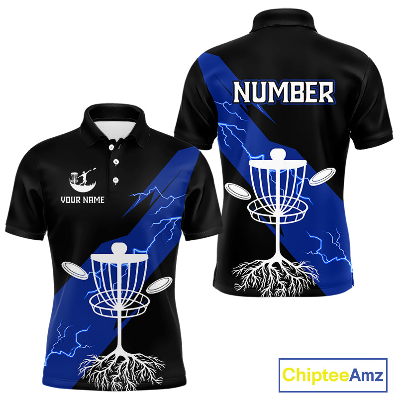 Blue Mens Disc Golf Polo Shirts Custom Thunder Lightning Team Disc Golf Jerseys, Disc Golf Gifts NBT649