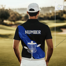 Load image into Gallery viewer, Blue Mens Disc Golf Polo Shirts Custom Thunder Lightning Team Disc Golf Jerseys, Disc Golf Gifts NBT649