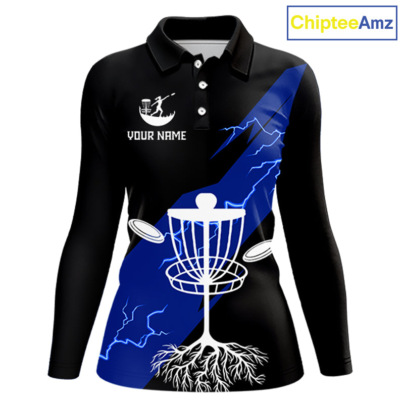 Blue Womens Disc Golf Polo Shirts Custom Thunder Lightning Team Disc Golf Jerseys, Disc Golf Gifts NBT649