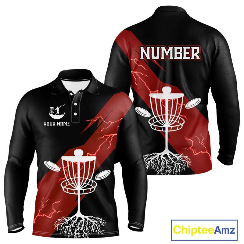 Red Mens Disc Golf Polo Shirts Custom Thunder Lightning Team Disc Golf Jerseys, Disc Golf Gifts NBT650