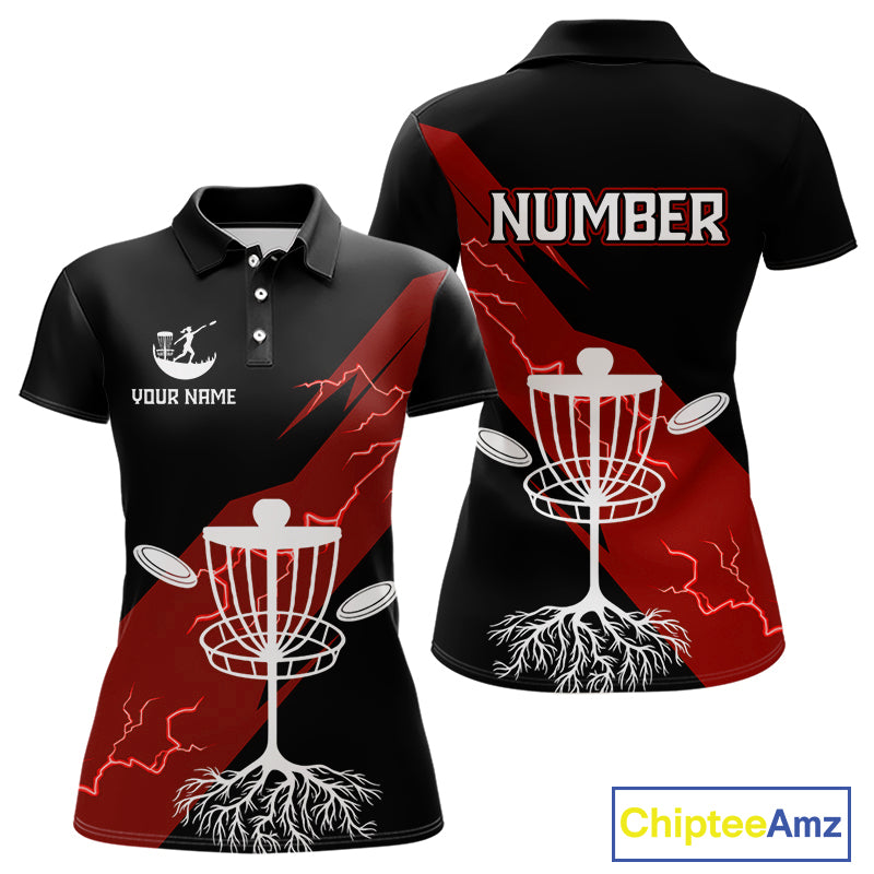 Red Womens Disc Golf Polo Shirts Custom Thunder Lightning Team Disc Golf Jerseys, Disc Golf Gifts NBT650