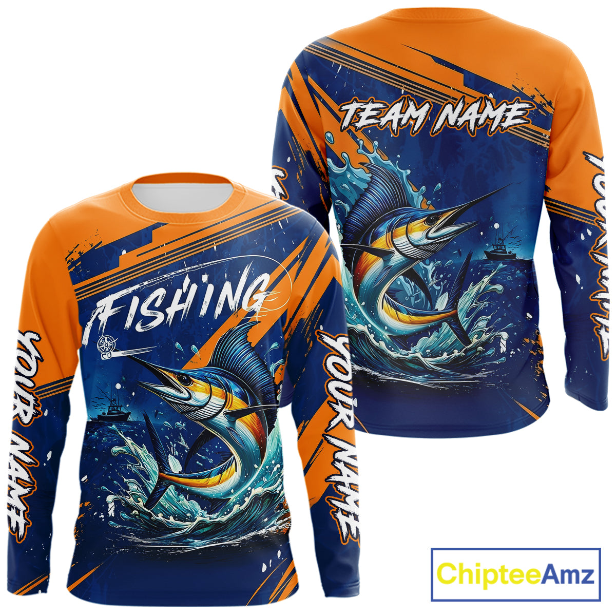 Custom Marlin Fishing Blue Orange Long Sleeve Shirts, Marlin Saltwater Fishing Jerseys NBT857
